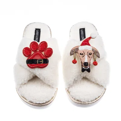 Laines London Women's Neutrals / White Laines Boucle Slippers With Christmas Greyhound & Paw Brooches - Cream