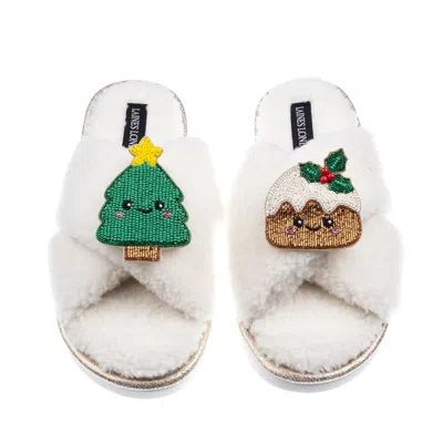 Laines London Women's Neutrals / White Laines Boucle Slippers With Christmas Lovable Pudding & Tree Brooches - Cre
