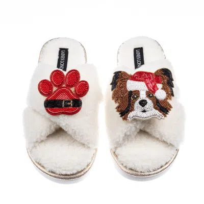Laines London Women's Neutrals / White Laines Boucle Slippers With Christmas Papillon & Paw Brooches - Cream