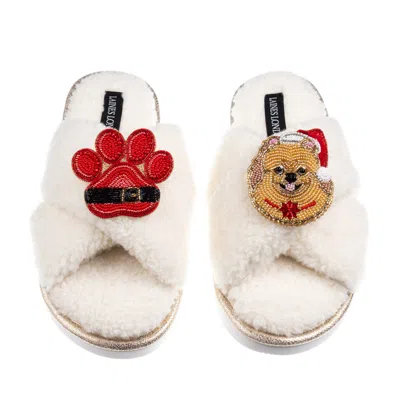 Laines London Women's Neutrals / White Laines Boucle Slippers With Christmas Pomeranian & Paw Brooches - Cream