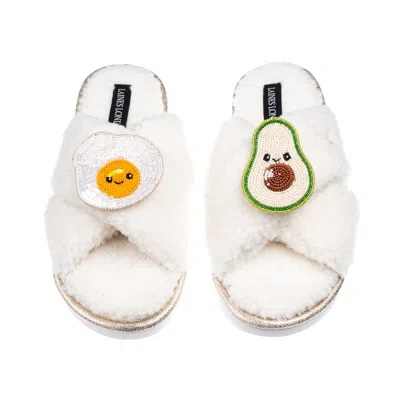 Laines London Women's Neutrals / White Laines Boucle Slippers With Laines Loveables Egg & Avocado Brooches - Cream