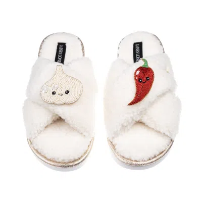 Laines London Women's Neutrals / White Laines Boucle Slippers With Laines Loveables Garlic & Chilli Brooches - Cre