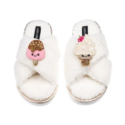 Laines London Women's Neutrals / White Laines Boucle Slippers With Laines Loveables Ice Lolly & Ice Cream Brooches