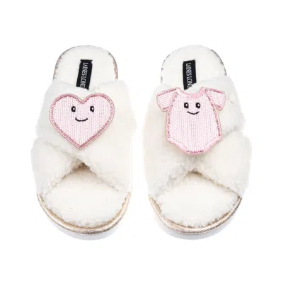 Laines London Women's Neutrals / White Laines Boucle Slippers With Laines Loveables Pink Love & Baby Grow Brooches