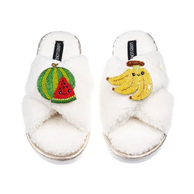 Laines London Women's Neutrals / White Laines Boucle Slippers With Laines Loveables Watermelon & Banana Brooches -
