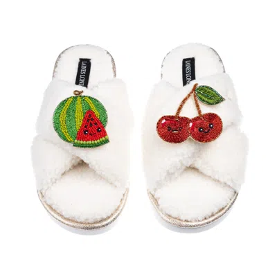 Laines London Women's Neutrals / White Laines Boucle Slippers With Laines Loveables Watermelon & Cherry Brooches -