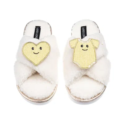 Laines London Women's Neutrals / White Laines Boucle Slippers With Laines Loveables Yellow Love & Baby Grow Brooch