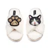 Laines London Women's Neutrals / White Laines Netural Boucle Slippers With Black & White Cat & Paw Brooches - Crea