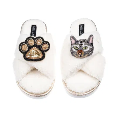 Laines London Women's Neutrals / White Laines Netural Boucle Slippers With Grey Cat & Paw Brooches - Cream