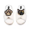 Laines London Women's Neutrals / White Laines Netural Boucle Slippers With Tortoise Shell Cat & Paw Brooches - Cre