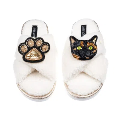 Laines London Women's Neutrals / White Laines Netural Boucle Slippers With Tortoise Shell Cat & Paw Brooches - Cre