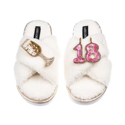 Laines London Women's Neutrals / White Laines Neutral Boucle Slippers With 18th Birthday & Champers Brooches - Cre