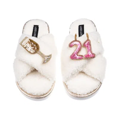 Laines London Women's Neutrals / White Laines Neutral Boucle Slippers With 21st Birthday & Champers Brooches - Cre