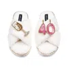 Laines London Women's Neutrals / White Laines Neutral Boucle Slippers With 40th Birthday & Champers Brooches - Cre
