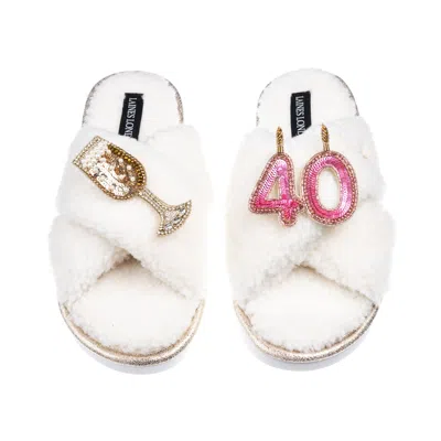 Laines London Women's Neutrals / White Laines Neutral Boucle Slippers With 40th Birthday & Champers Brooches - Cre