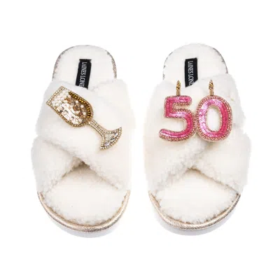 Laines London Women's Neutrals / White Laines Neutral Boucle Slippers With 50th Birthday & Champers Brooches - Cre