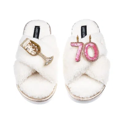 Laines London Women's Neutrals / White Laines Neutral Boucle Slippers With 70th Birthday & Champers Brooches - Cre