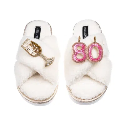 Laines London Women's Neutrals / White Laines Neutral Boucle Slippers With 80th Birthday & Champers Brooches - Cre