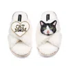 Laines London Women's Neutrals / White Laines Neutral Boucle Slippers With Black & White Cat & Cat Mum/mom Brooche