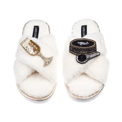 Laines London Women's Neutrals / White Laines Neutral Boucle Slippers With Caviar & Glass Of Champers Brooches - C