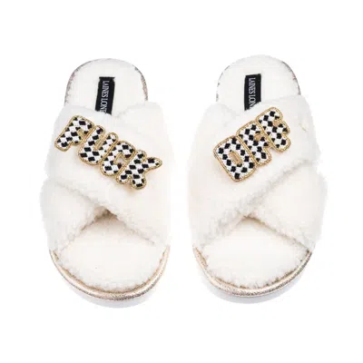 Laines London Women's Neutrals / White Laines Neutral Boucle Slippers With Chequered Fuck Off Brooches - Cream