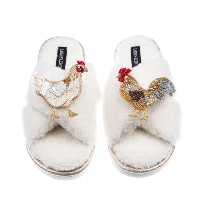 Laines London Women's Neutrals / White Laines Neutral Boucle Slippers With Chicken & Cockrel Brooches - Cream