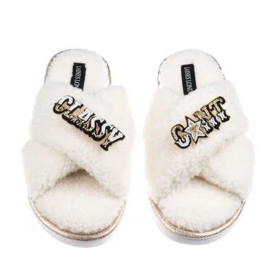 Laines London Women's Neutrals / White Laines Neutral Boucle Slippers With Classy Cunt Brooches - Cream