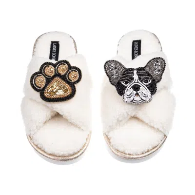 Laines London Women's Neutrals / White Laines Neutral Boucle Slippers With Coco The Frenchie & Paw Brooches - Crea