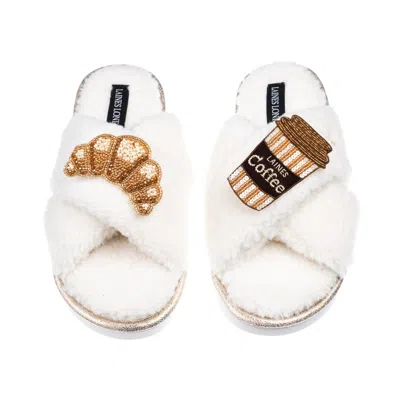 Laines London Women's Neutrals / White Laines Neutral Boucle Slippers With Coffee & Croissant Brooches - Cream