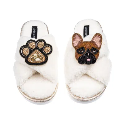Laines London Women's Neutrals / White Laines Neutral Boucle Slippers With Cookie The Frenchie & Paw Brooches - Cr