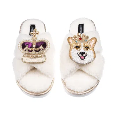 Laines London Women's Neutrals / White Laines Neutral Boucle Slippers With Corgi & Crown Brooches - Cream