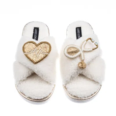 Laines London Women's Neutrals / White Laines Neutral Boucle Slippers With Doctor Brooches - Cream