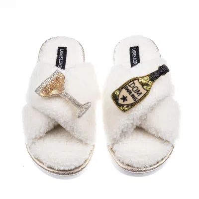 Laines London Women's Neutrals / White Laines Neutral Boucle Slippers With Dom Darling Champagne Brooches - Cream