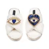 Laines London Women's Neutrals / White Laines Neutral Boucle Slippers With Double Love & Heart Eye Brooches - Crea