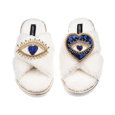 Laines London Women's Neutrals / White Laines Neutral Boucle Slippers With Double Love & Heart Eye Brooches - Crea