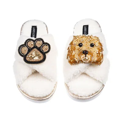 Laines London Women's Neutrals / White Laines Neutral Boucle Slippers With Enki Doo The Cockapoo & Paw Brooches - 