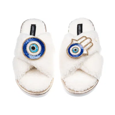 Laines London Women's Neutrals / White Laines Neutral Boucle Slippers With Evil Eye & Hamsa Hand Brooches - Cream