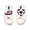 Laines London Women's Neutrals / White Laines Neutral Boucle Slippers With Football / Soccer Lover Brooches - Crea