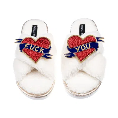 Laines London Women's Neutrals / White Laines Neutral Boucle Slippers With Fuck You Brooches - Cream