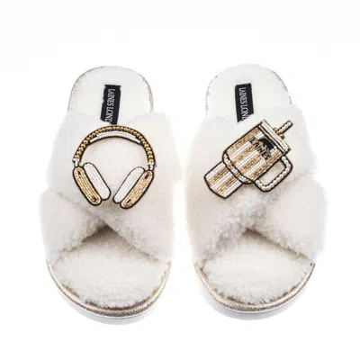 Laines London Women's Neutrals / White Laines Neutral Boucle Slippers With Headphones & Quencher Brooches - Cream