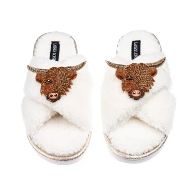 Laines London Women's Neutrals / White Laines Neutral Boucle Slippers With Highland Cow Brooches - Cream