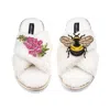 Laines London Women's Neutrals / White Laines Neutral Boucle Slippers With Honeybee & Pink Foxglove Flower Brooche