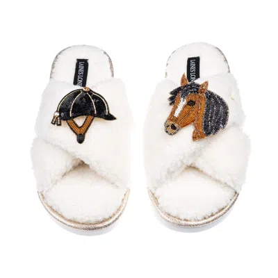 Laines London Women's Neutrals / White Laines Neutral Boucle Slippers With Horse & Riding Hat Brooches - Cream