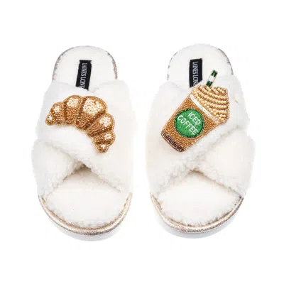 Laines London Women's Neutrals / White Laines Neutral Boucle Slippers With Iced Coffee & Croissant Brooches - Crea
