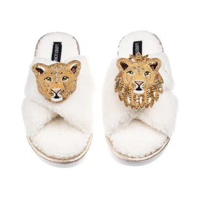 Laines London Women's Neutrals / White Laines Neutral Boucle Slippers With Lion & Lioness Brooches - Cream