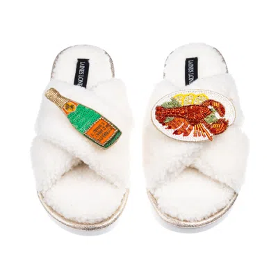 Laines London Women's Neutrals / White Laines Neutral Boucle Slippers With Lobster Platter & Champagne Bottle Broo