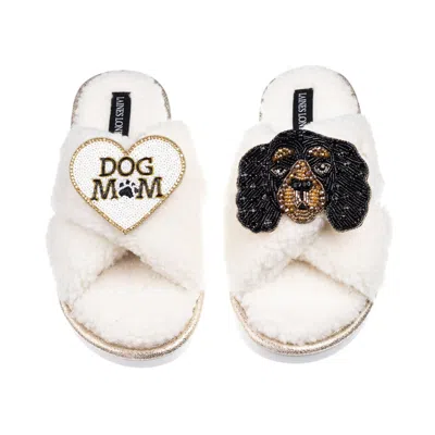 Laines London Women's Neutrals / White Laines Neutral Boucle Slippers With Louie King Charles & Dog Mum/mom Brooch