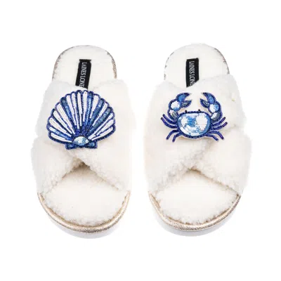 Laines London Women's Neutrals / White Laines Neutral Boucle Slippers With Mediterranean Shell & Crab Brooches - C