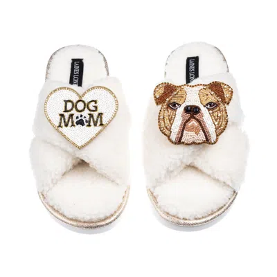 Laines London Women's Neutrals / White Laines Neutral Boucle Slippers With Mr Beefy Bulldog & Dog Mum / Mom Brooch
