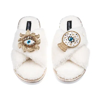 Laines London Women's Neutrals / White Laines Neutral Boucle Slippers With Mystic Eyes Brooches - Cream
